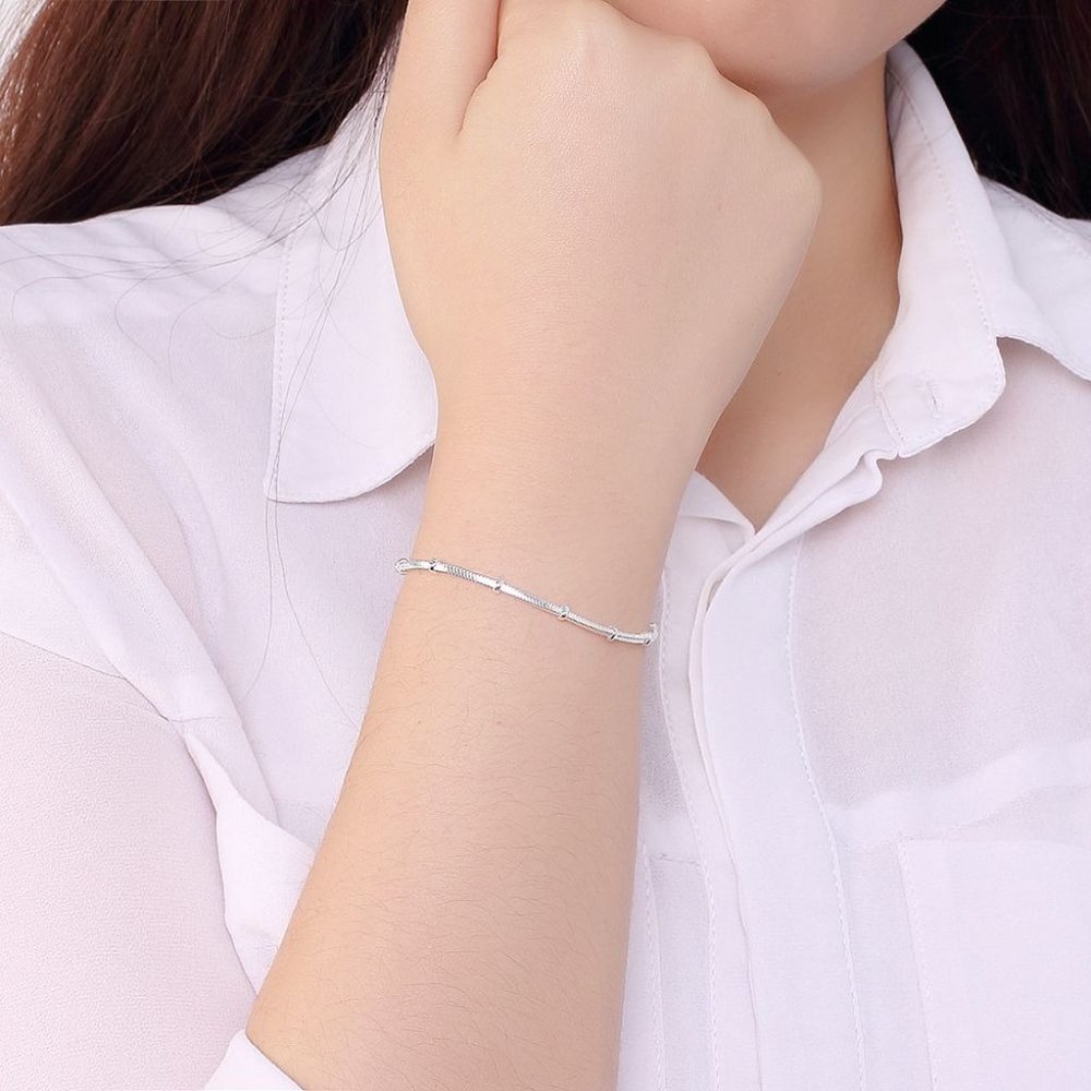 Margo Fine Stationary Beaded 925 Sterling Silver Snake Chain Minimalist Bracelet - Picture 3 of 10